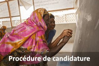 Procédure de candidature. (Photo: A refugee from Central African Republic learns the French alphabet as part of an adult education class held at the UN Women Social Cohesion space in a Cameroonian refugee camp, April 2016. Credit: UN Women/Ryan Brown.)